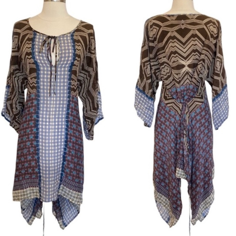 Johnny Was Split Hem Tunic‎ Wrap Top Shirt Dress Geometric Satin Womens XS Flowy